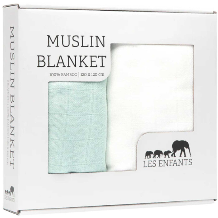 Les Enfants Muslinteppe 2-pakk Grønn/Hvit i gruppen Babytilbehør / Tepper & Pledd / Muslintepper hos Köpbarnvagn (LEEN01-0105)